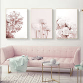 TPFLiving Luxus Poster Leinwand - Rosa Blumen und Blüten - Hintergrund Pink und Weiß - 13 verschiedene Größen - Günstiges 3-er Set OHNE Rahmen - SET